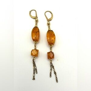 Elegant Amber and Gold Tone Dangle Earrings